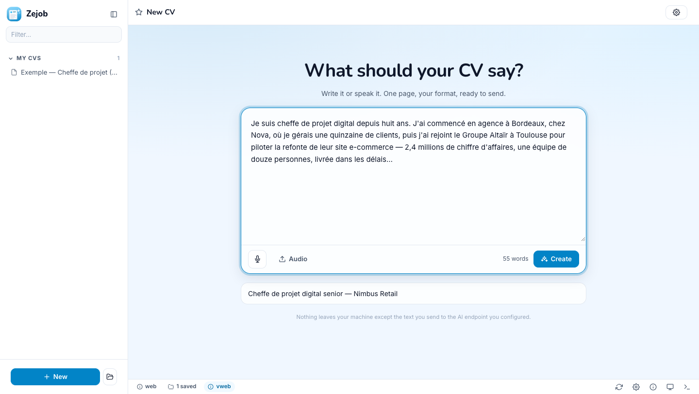 The compose view: one text box, a microphone, an audio upload and the target role