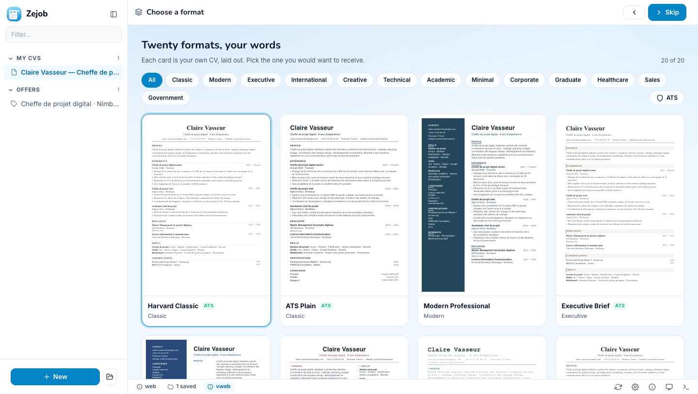 The format gallery: twenty cards, each showing the user's own CV laid out in that format