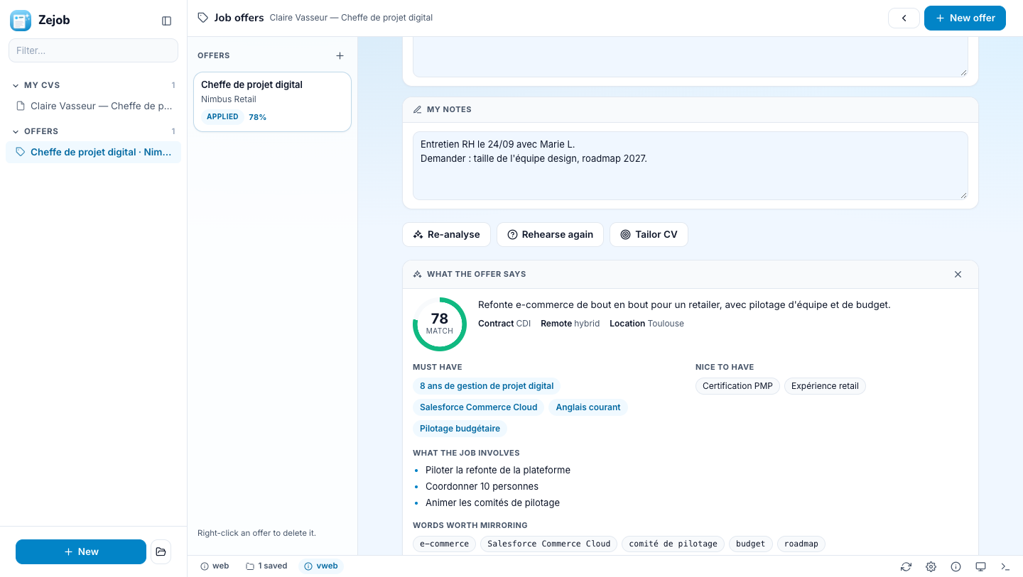 The job offers view: the advert, notes, and the AI toolbar to analyse, prepare the interview or tailor the CV