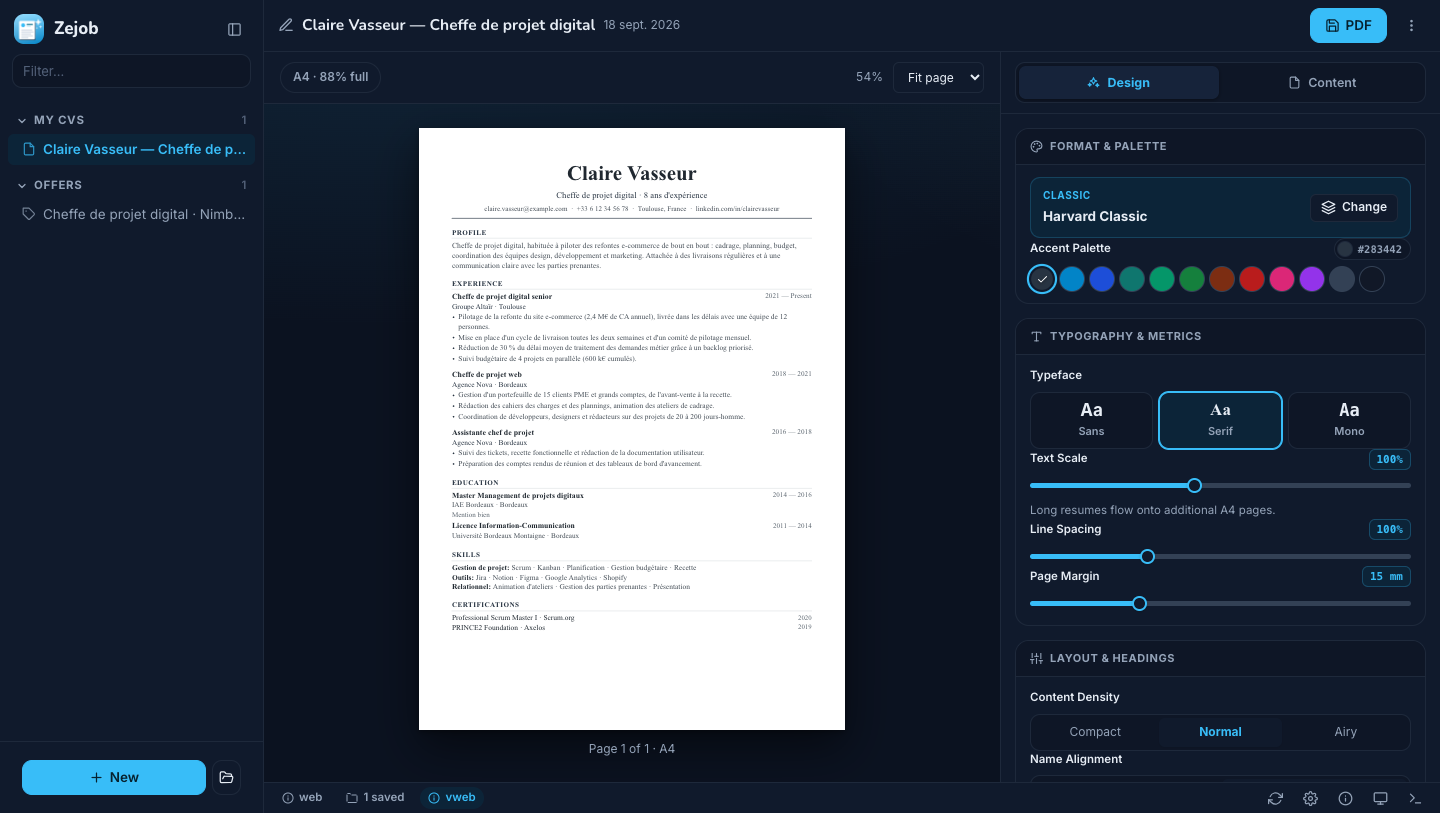 The Zejob studio in dark mode