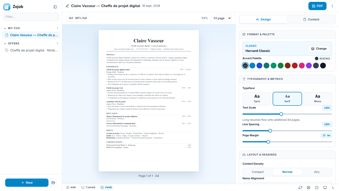 The Zejob studio in light mode: the CV preview beside the design panel with accent swatches, typeface, text scale and spacing controls
